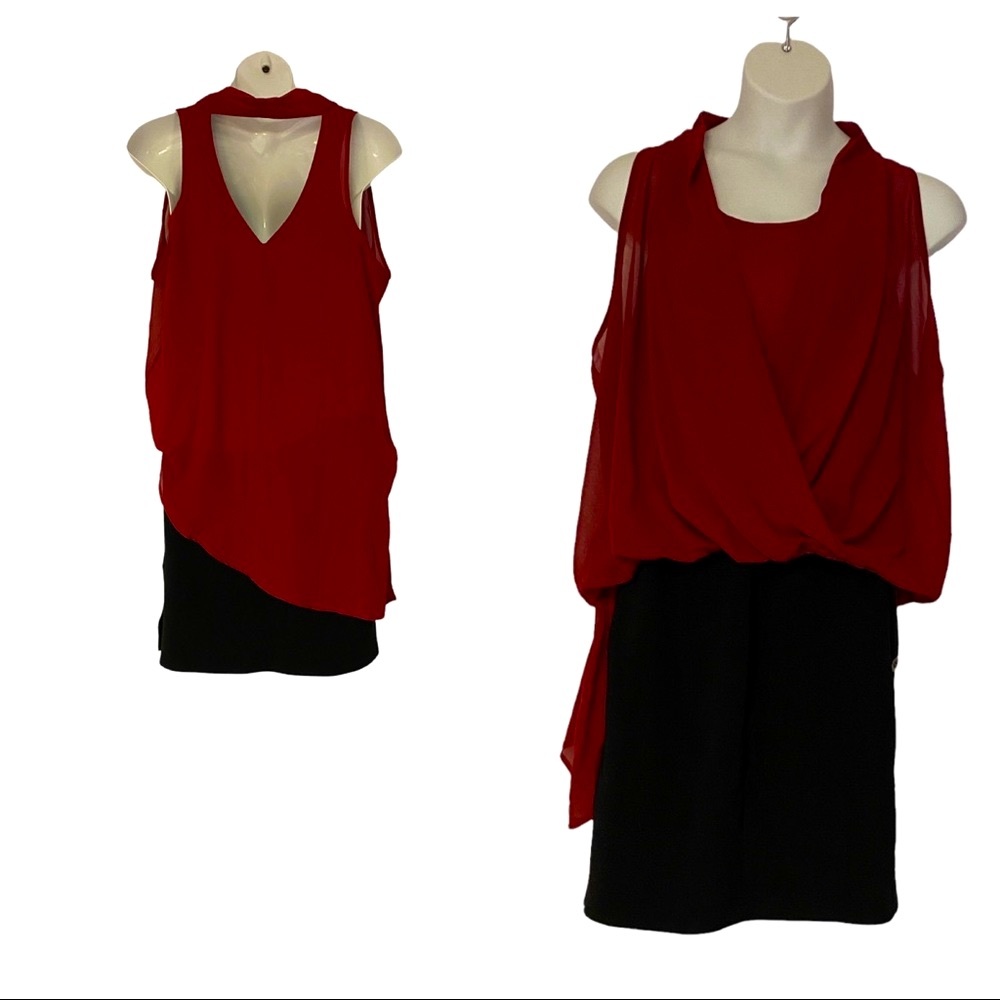Chiffon Overlay Blood Red Blouse Pin-Up Blouse Tunic Cocktail Party Top size XL - Picture 4 of 14